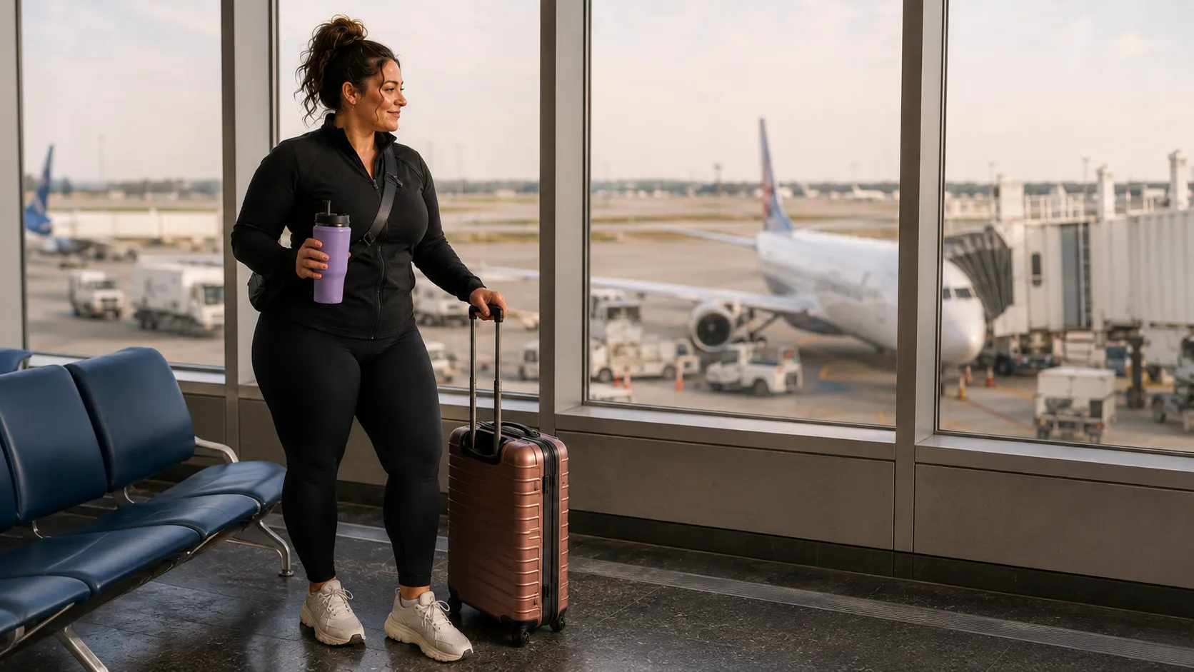 Woman with a rolling suitcase and water bottle looking out at a plane from an airport departure lounge