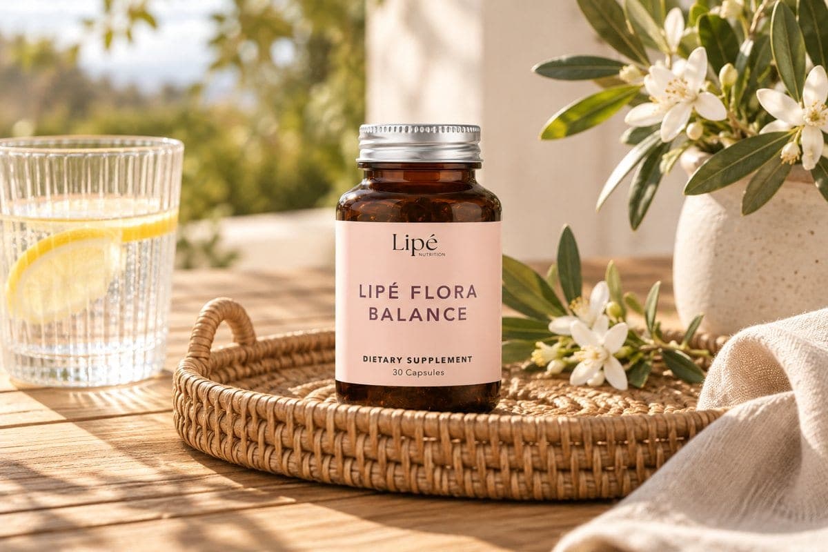 Lipé Flora Balance on a rattan tray in morning light with a glass of lemon water
