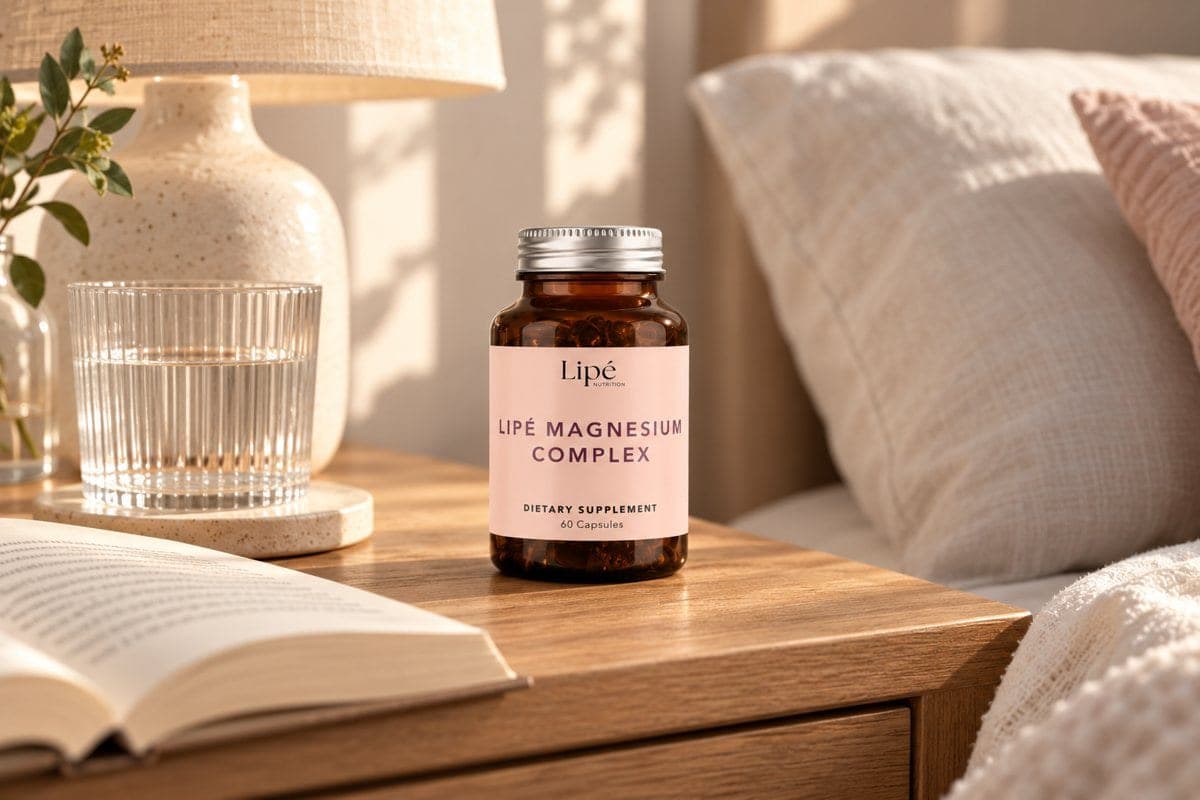 Lipé Magnesium Complex on a bedside table beside a lamp, a glass of water and an open book