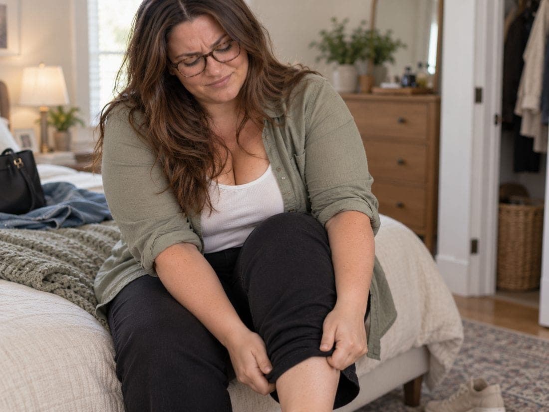 A woman sitting on the edge of her bed at the end of the day, rubbing her lower leg